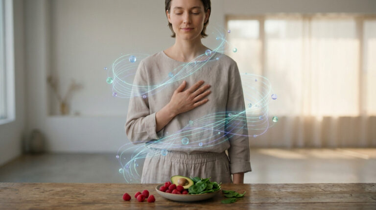 Femme méditative main sur le cœur, avec des effets visuels d'énergie autour, devant un repas sain: framboises, avocat, épinards. Bien-être.