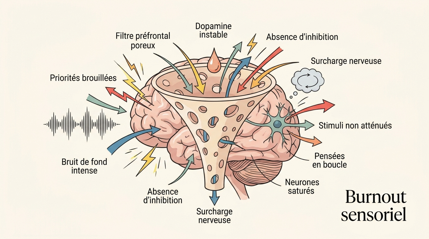 Illustration d'un cerveau en surcharge sensorielle face au TDAH et hypersensibilité émotionnelle
