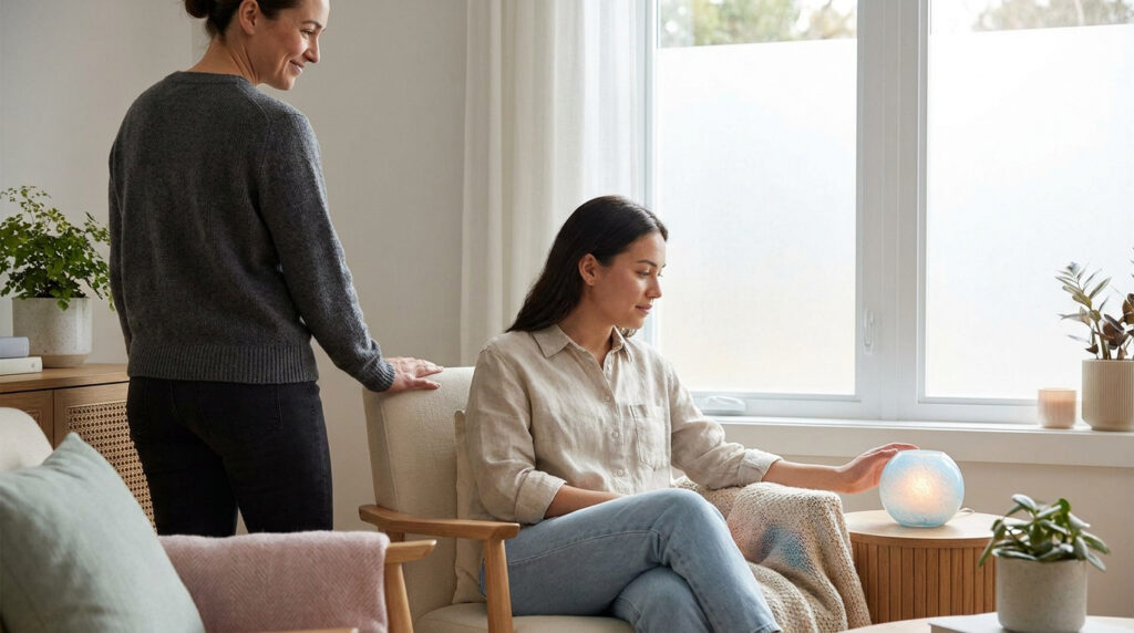 Deux femmes dans un salon. L'une assise touche une lampe apaisante, l'autre debout la soutient. Ambiance de calme et de bienveillance.