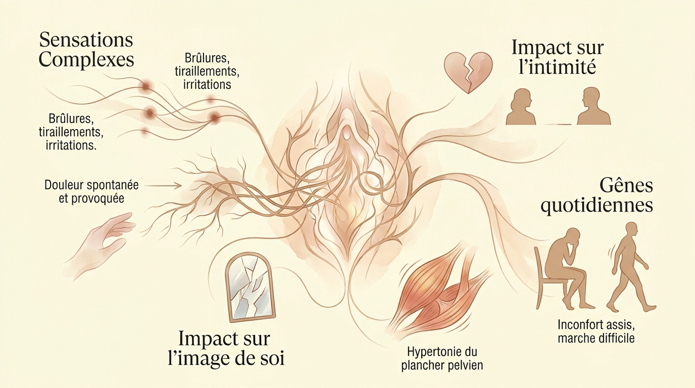 Illustration des sensations de brûlure et d'inconfort liées à la vulvodynie