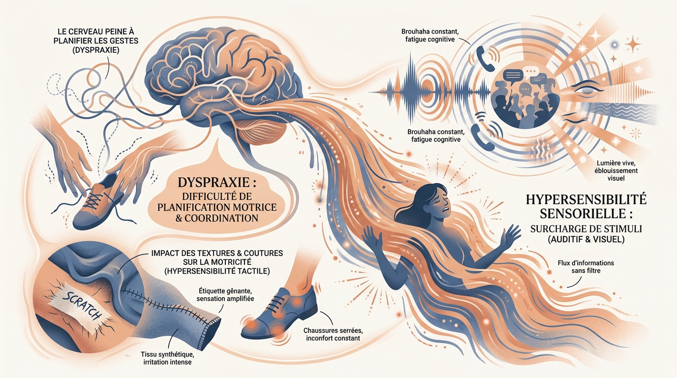 Illustration d'un cerveau submergé par des stimuli sensoriels et des difficultés de coordination