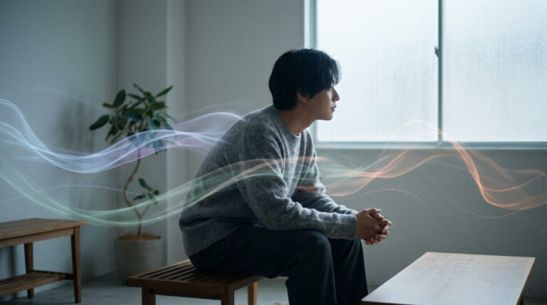 Homme assis, pensif, avec des ondes lumineuses colorées symbolisant les émotions et l'hypersensibilité.