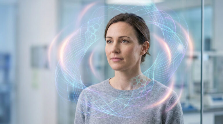 Femme au regard pensif avec des motifs abstraits lumineux autour de sa tête et de son cou, évoquant la recherche médicale.