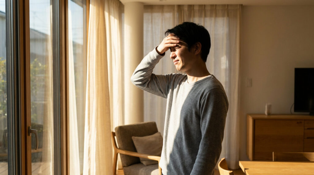 Un homme asiatique se protège le front et les yeux d'une lumière solaire intense venant d'une fenêtre, montrant des signes de photophobie.