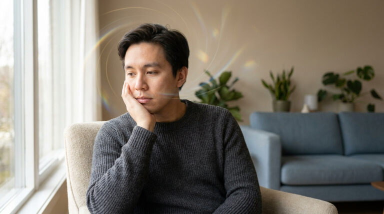 Homme pensif, main au menton, assis dans un salon lumineux. Des halos lumineux autour de sa tête symbolisent la complexité mentale.