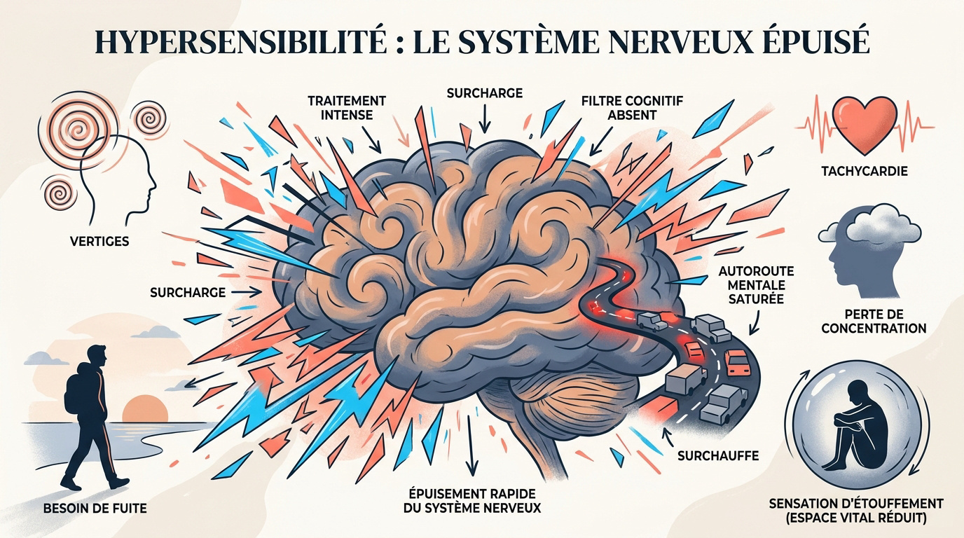 Illustration d'une personne hypersensible épuisée par la surcharge sensorielle dans la foule
