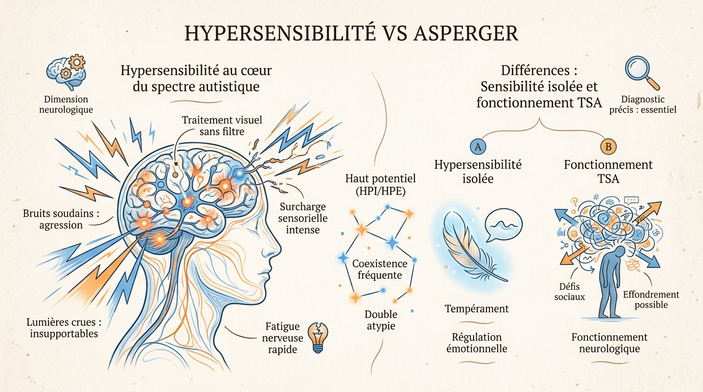 Comparaison visuelle entre les traits de l'hypersensibilité et le syndrome d'Asperger