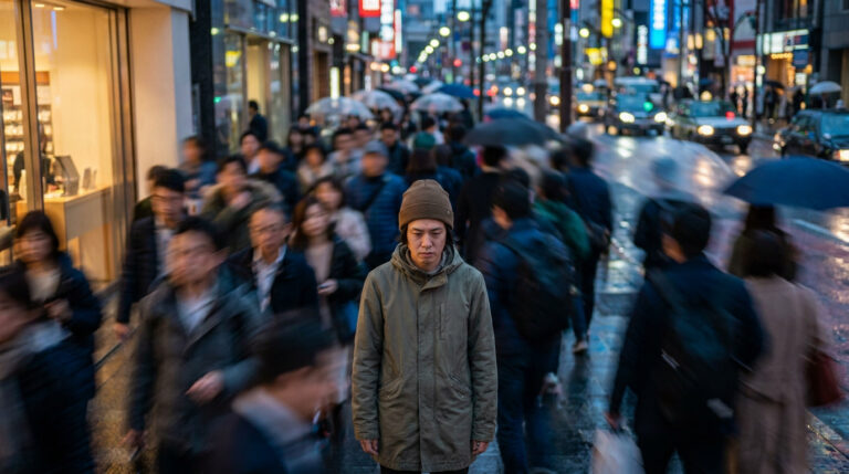 Un homme seul et immobile est net au centre d'une foule urbaine floue et en mouvement. Il exprime l'isolement et la surcharge sensorielle.
