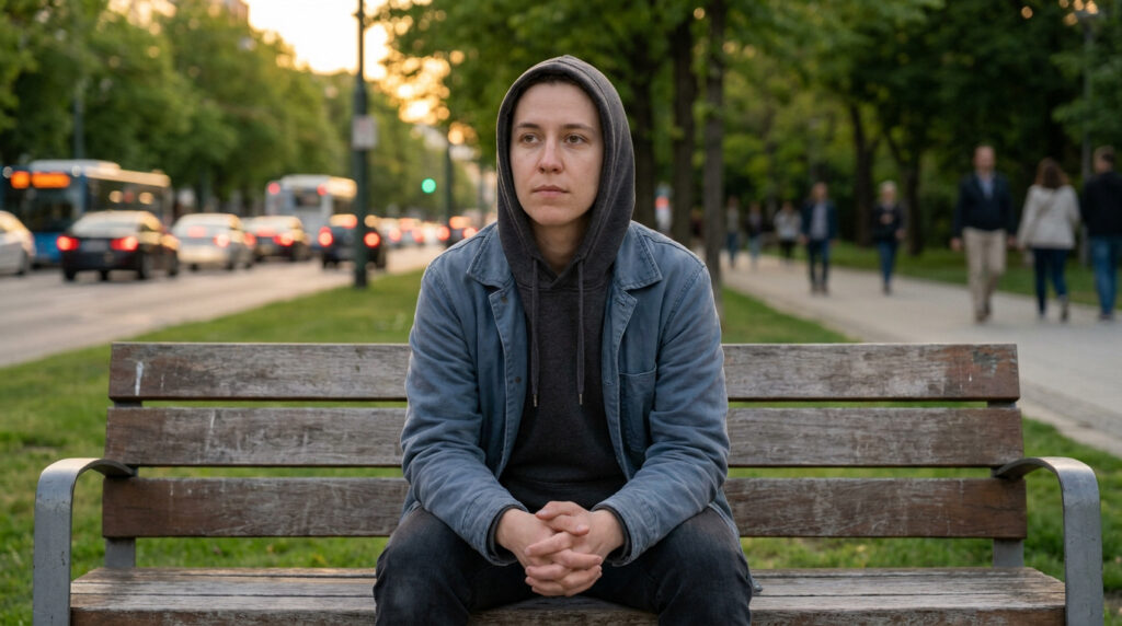 Personne en hoodie assise pensivement sur un banc de parc, observant une rue animée et des piétons flous en arrière-plan.
