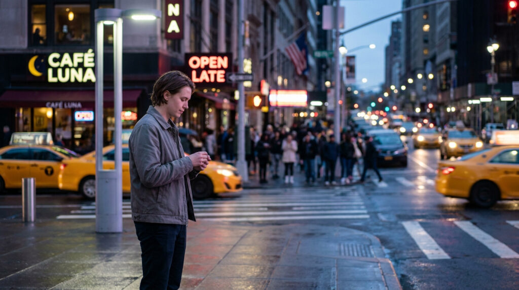 Jeune homme sur son téléphone, sur un trottoir de ville animée. Lumières, taxis et passants flous au crépuscule.
