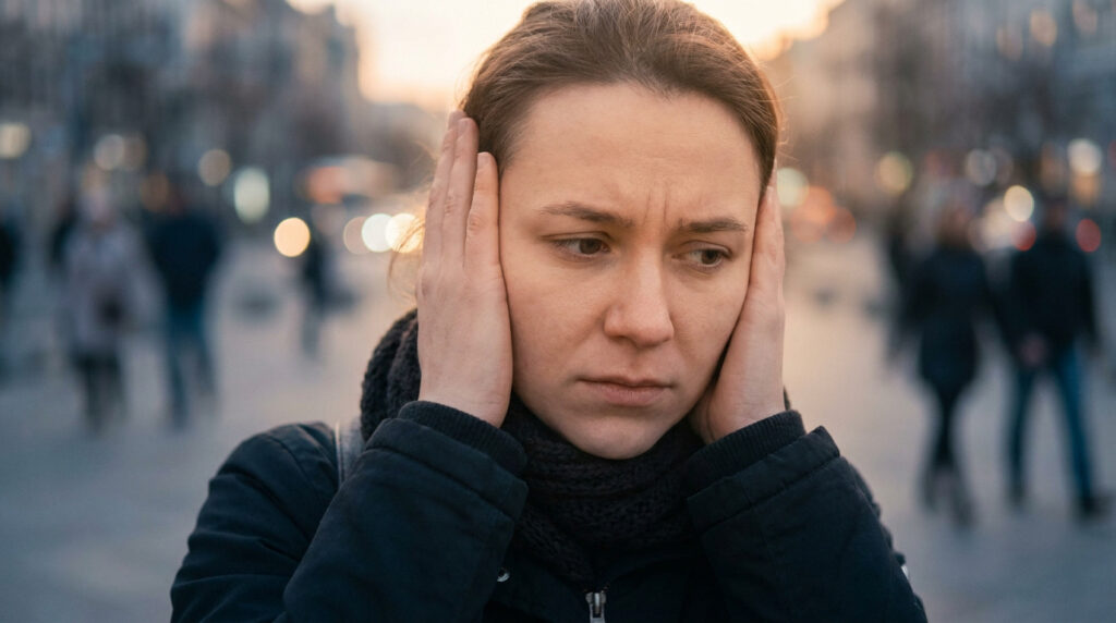 Femme angoissée se couvrant les oreilles dans une rue urbaine animée. Exprime la phonophobie et l'hyperacousie face au bruit.