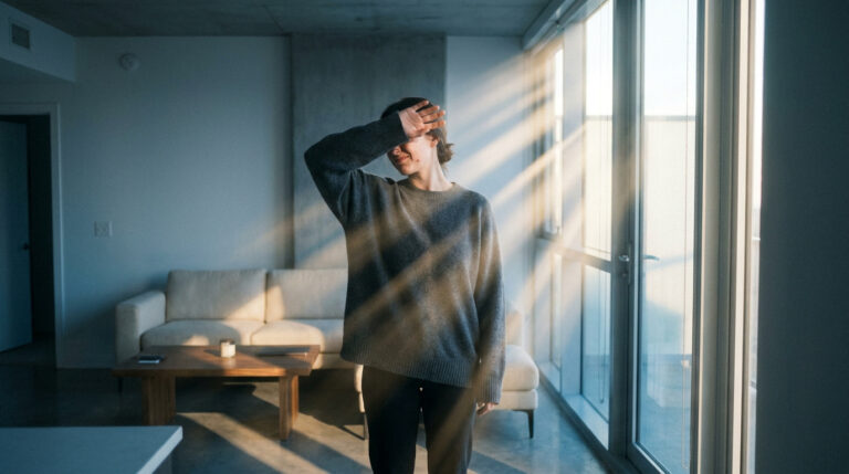Une personne se protégeant les yeux de la lumière intense du soleil qui entre par une grande fenêtre dans un salon moderne.