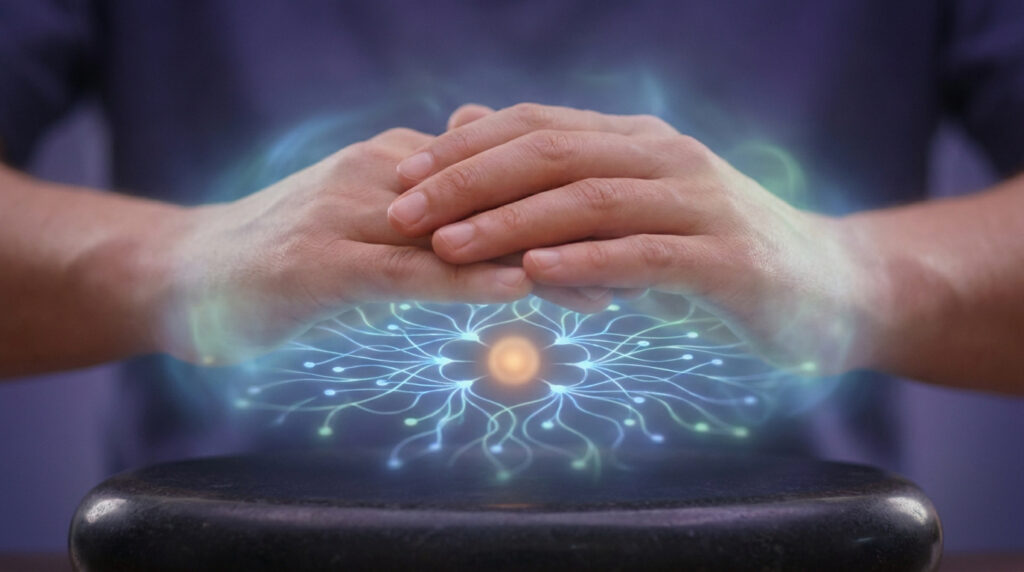 Mains d'une personne au-dessus d'un motif lumineux complexe rappelant un réseau neuronal avec un noyau vibrant, évoquant l'hypersensibilité.