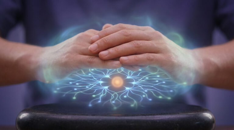 Mains d'une personne au-dessus d'un motif lumineux complexe rappelant un réseau neuronal avec un noyau vibrant, évoquant l'hypersensibilité.