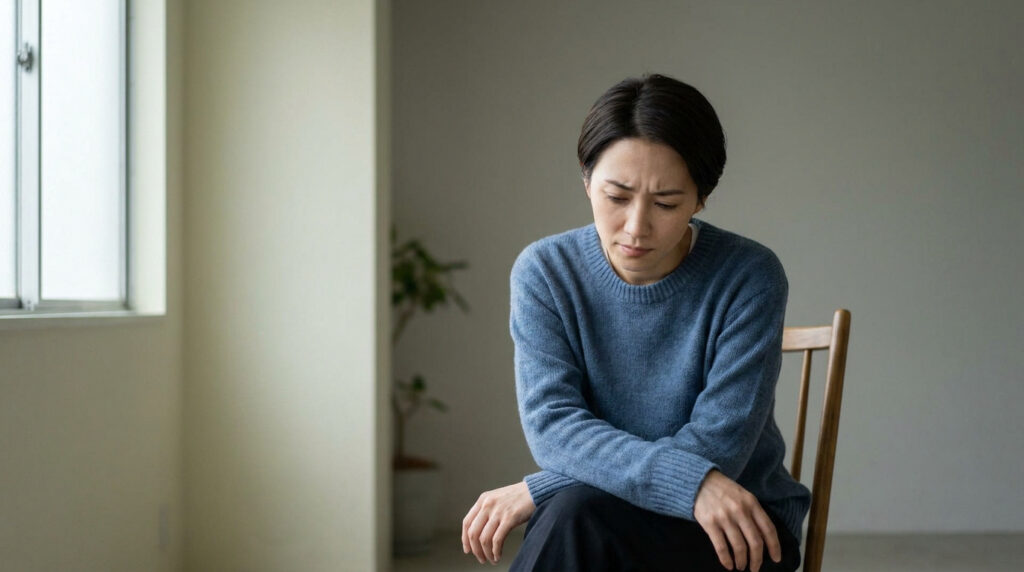 Femme aux cheveux courts assise, le regard baissé, exprimant tristesse ou anxiété dans une pièce sobre.