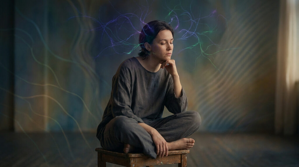 Femme assise en tailleur sur un tabouret, les yeux fermés, des ondes lumineuses multicolores jaillissant de sa tête, sur fond abstrait.