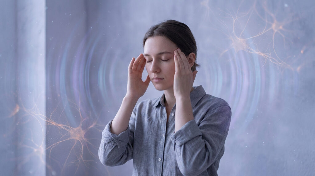 Jeune femme les yeux fermés, mains aux tempes, sur fond d'ondes lumineuses et neurones, évoquant misophonie et hypersensibilité.