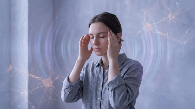 Jeune femme les yeux fermés, mains aux tempes, sur fond d'ondes lumineuses et neurones, évoquant misophonie et hypersensibilité.