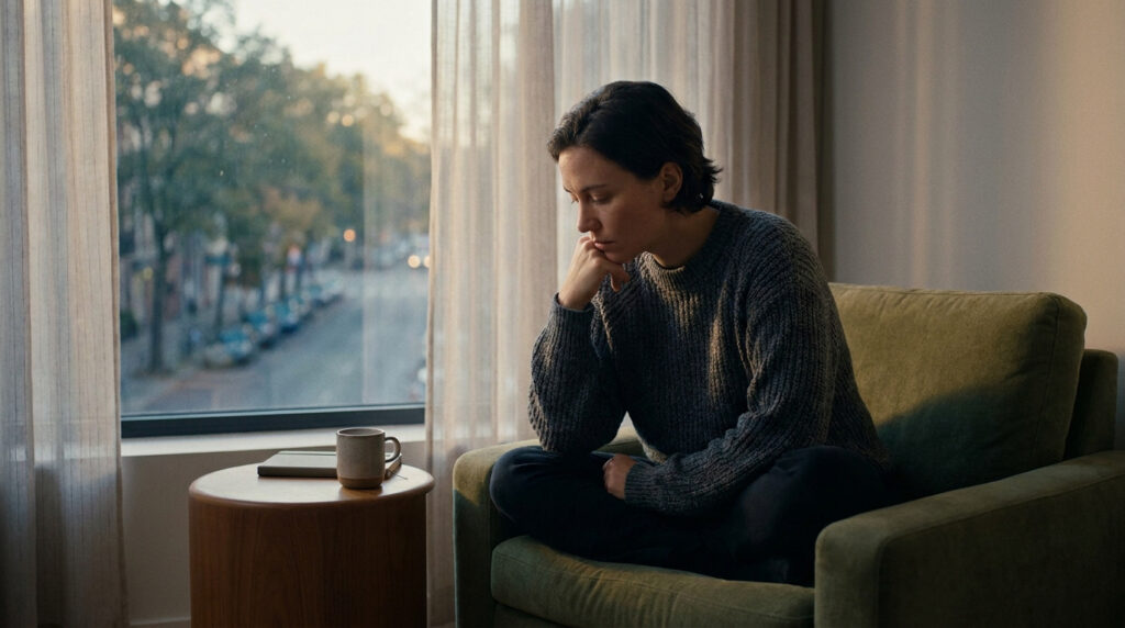 Personne pensive assise sur un canapé, la main au menton, regardant par la fenêtre. Lumière douce, ambiance intime.