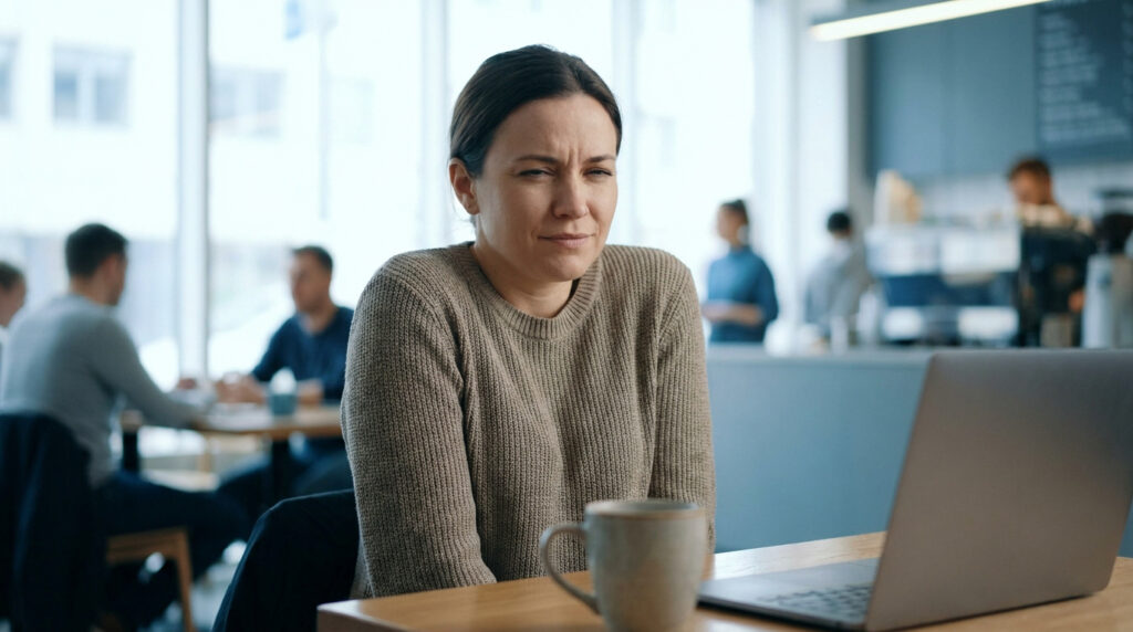 Une femme fronce les sourcils, visiblement perturbée par le bruit dans un café lumineux. Un ordinateur portable et une tasse devant elle.