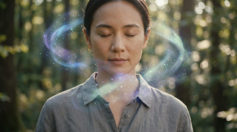 Femme méditant les yeux clos, des lumières éthérées bleues et violettes l'entourent, évoquant l'activité neurologique.