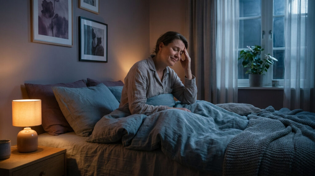 Une femme assise dans son lit la nuit, la main sur le front, l'air anxieux et fatigué.