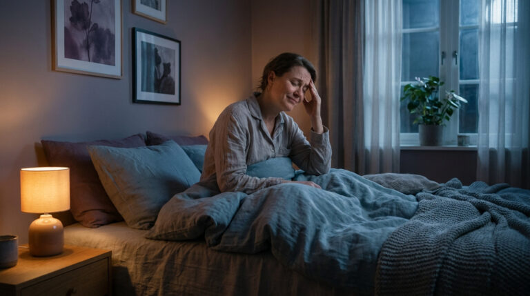 Une femme assise dans son lit la nuit, la main sur le front, l'air anxieux et fatigué.