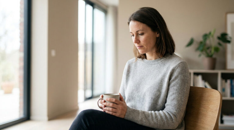 Une femme pensive tient une tasse de café dans un intérieur lumineux et sobre.