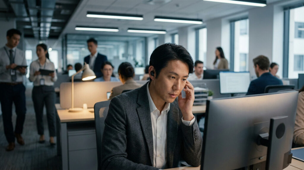 Un employé portant des écouteurs est concentré sur son écran dans un bureau en open space animé.