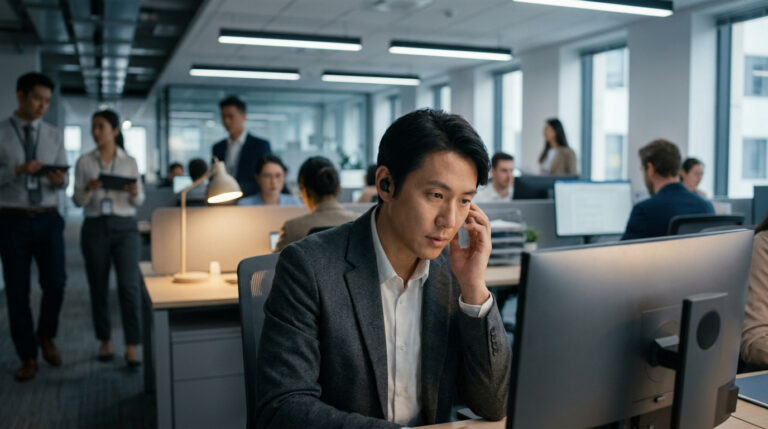 Un employé portant des écouteurs est concentré sur son écran dans un bureau en open space animé.