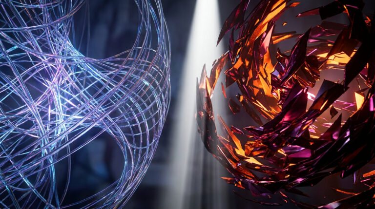 Deux formes abstraites contrastées : une sphère de filaments bleus fluides et une forme éclatée de cristaux rouges.
