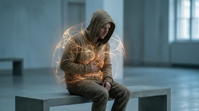 Un homme en sweat à capuche assis sur un banc, une aura lumineuse complexe émanant de sa poitrine.