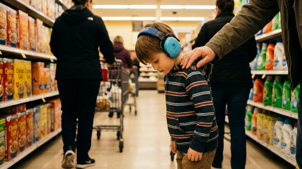 Un jeune garçon portant un casque antibruit dans un supermarché, rassuré par la main d'un adulte sur son épaule.