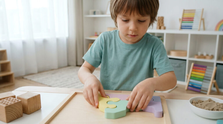 Un jeune garçon aux cheveux châtains joue avec un puzzle en bois coloré sur une table, dans une salle de jeu lumineuse.