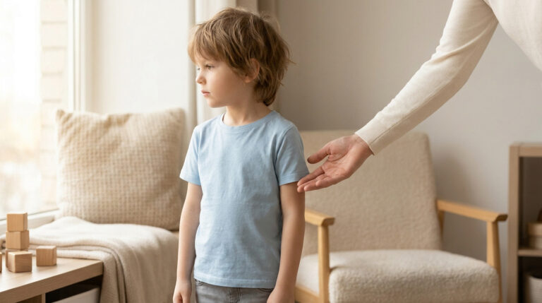 Un jeune enfant regarde au loin alors qu'une main d'adulte s'approche doucement de son épaule.