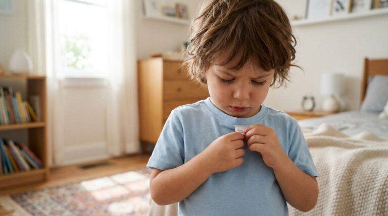 Un jeune enfant avec les cheveux ébouriffés touche l'étiquette de son t-shirt bleu avec un air contrarié.