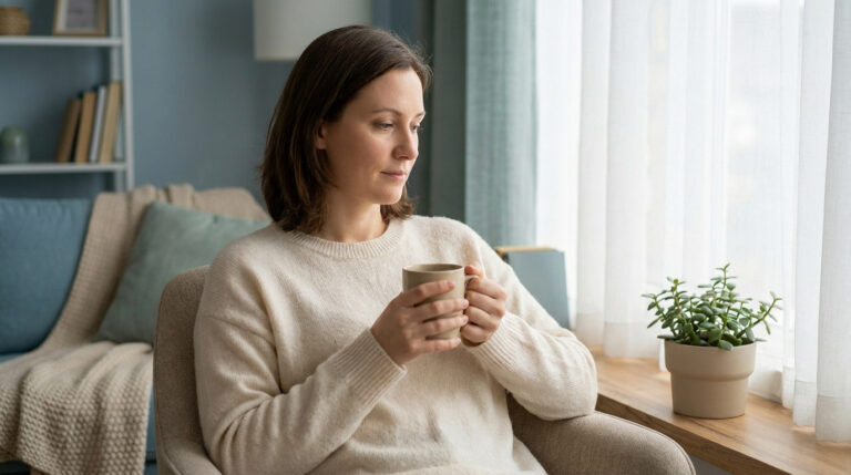 Une femme pensive en pull beige tient une tasse près d'une fenêtre, évoquant le besoin de calme et de confort.