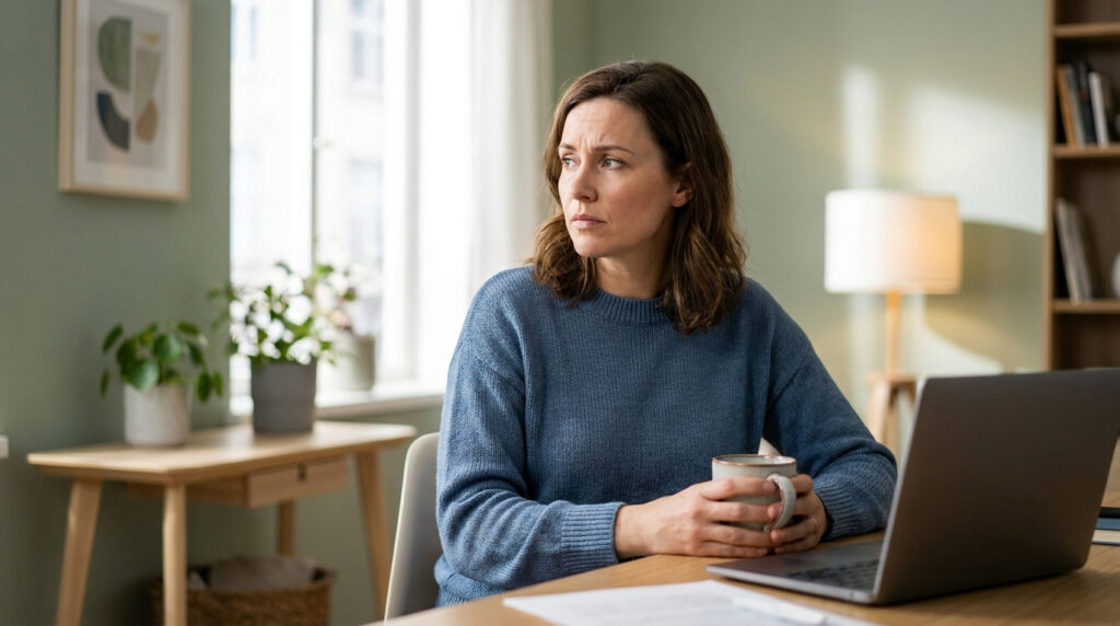 Une femme pensive devant un ordinateur, tenant une tasse, dans un salon lumineux.