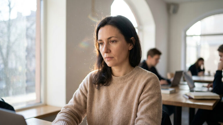 Une femme pensive travaille sur un ordinateur dans un espace de coworking lumineux.