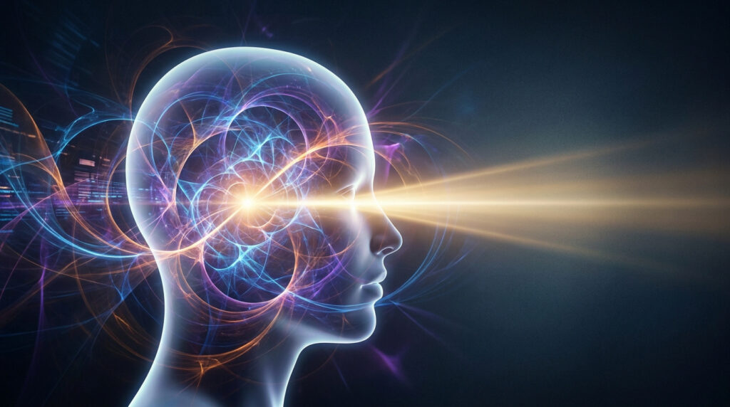 Profil d'une tête humaine translucide avec des flux d'énergie lumineuse et chaotiques dans le cerveau.