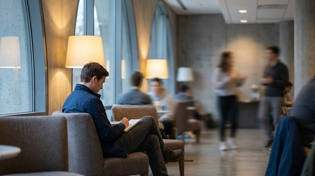Un homme écrit dans un carnet dans un salon moderne et animé.