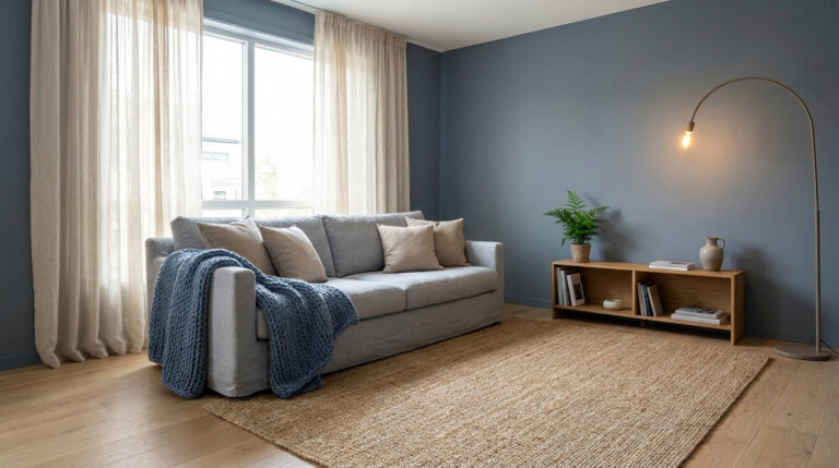 Salon minimaliste aux tons bleu-gris et bois naturel, avec canapé confortable, rideaux légers et lampe sur pied.