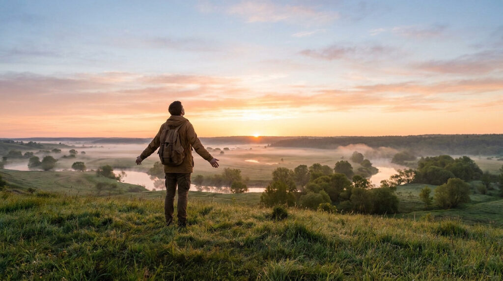 Un voyageur avec un sac à dos contemple un lever de soleil serein sur une vallée brumeuse et une rivière.