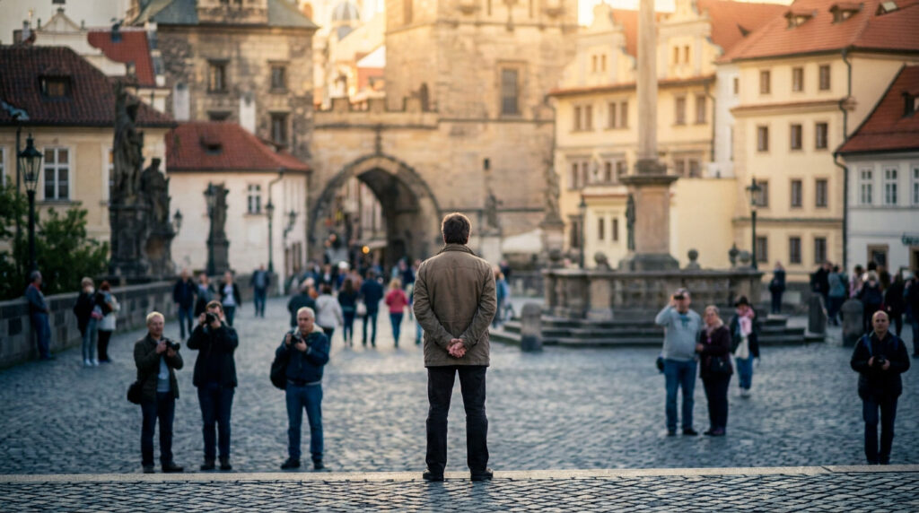 Un homme debout, dos à la caméra, observant une place historique animée et pavée dans une ville européenne.