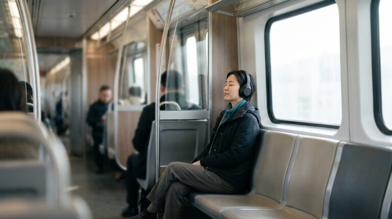 Une femme assise dans un train, portant un casque audio, les yeux fermés, cherchant le calme pendant son trajet.