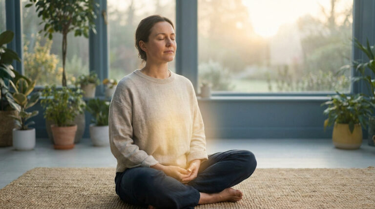 Femme en méditation, assise en tailleur sur un tapis, entourée de plantes avec une lueur dorée au niveau du torse.