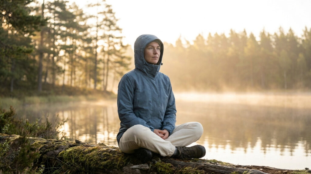 Une femme assise en tailleur sur un tronc d'arbre au bord d'un lac brumeux au lever du jour, cherchant l'apaisement.